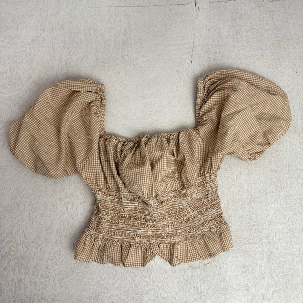 Japna Tan Puff Sleeve Blouse with Ruched Smocked Details